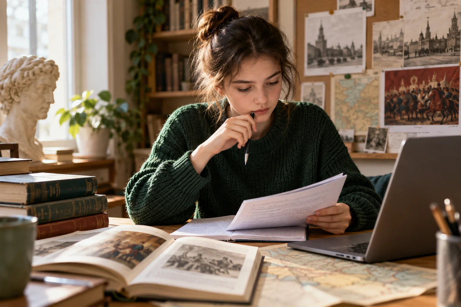 Иллюстрация: Ученица с преподавателем рассматривают копию древнего глиняного сосуда